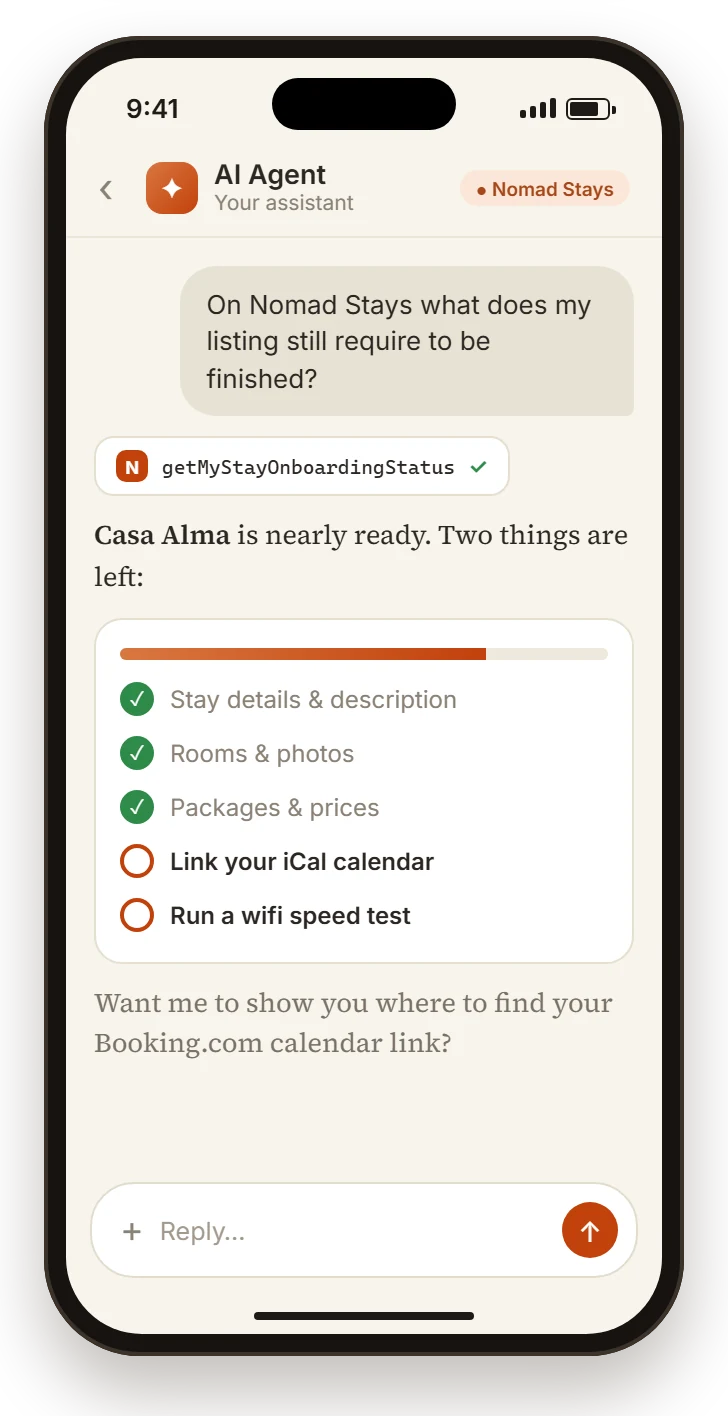 Phone screen: a Stay partner asks their AI agent &ldquo;On Nomad Stays what does my listing still require to be finished?&rdquo; and the agent replies using Nomad Stays