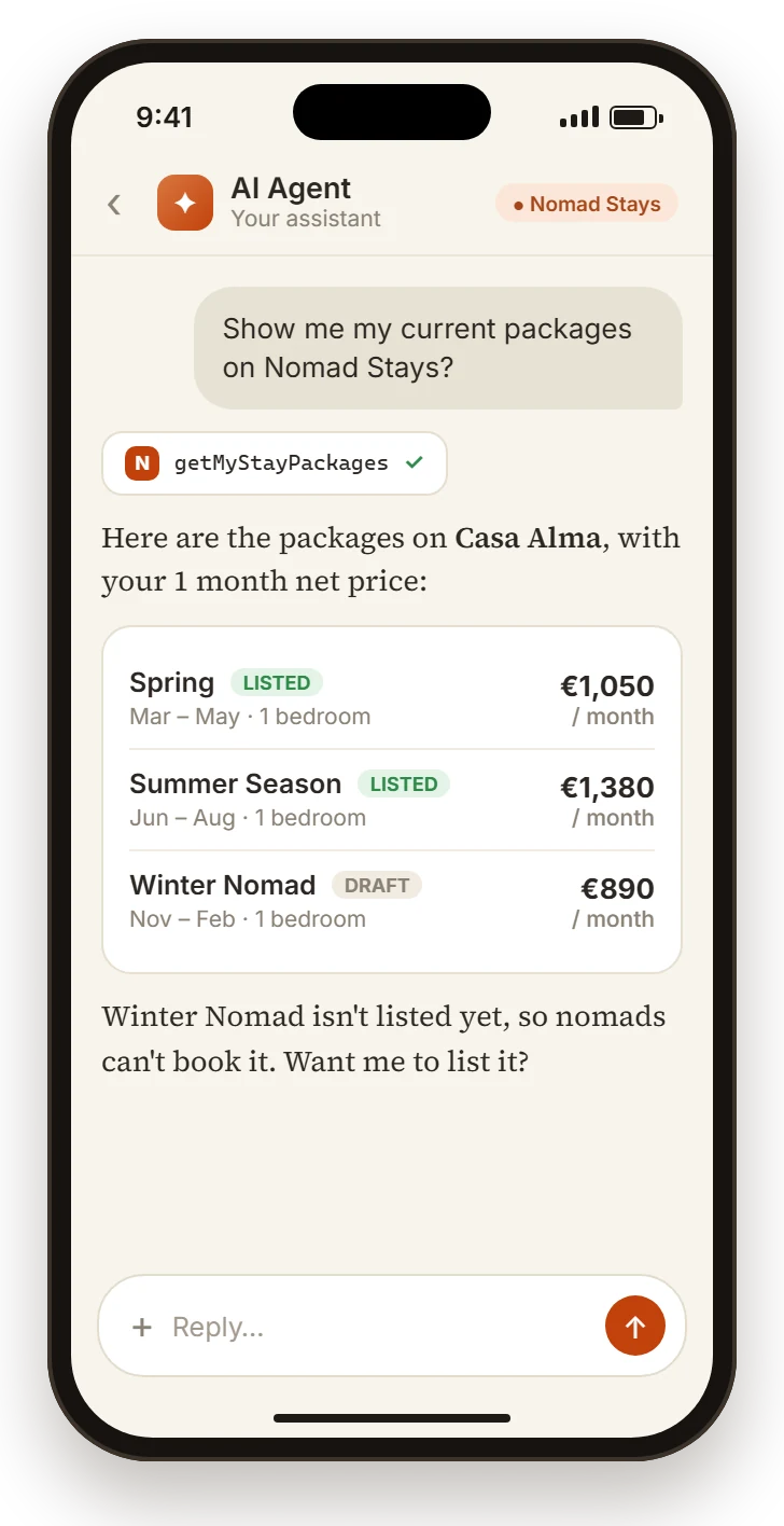 Phone screen: a Stay partner asks their AI agent &ldquo;Show me my current packages on Nomad Stays?&rdquo; and the agent replies using Nomad Stays