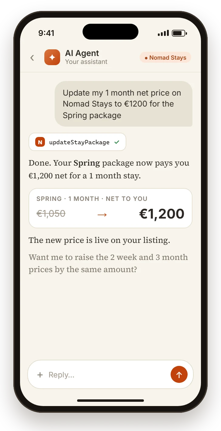 Phone screen: a Stay partner asks their AI agent &ldquo;Update my 1 month net price on Nomad Stays to €1200 for the Spring package&rdquo; and the agent replies using Nomad Stays