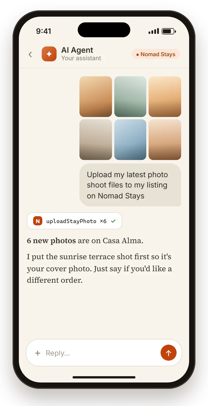 Phone screen: a Stay partner asks their AI agent &ldquo;Upload my latest photo shoot files to my listing on Nomad Stays&rdquo; and the agent replies using Nomad Stays